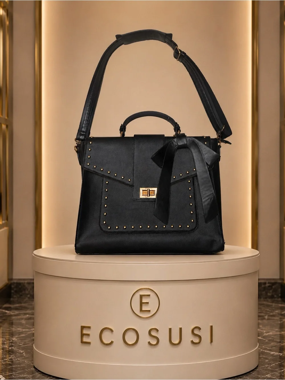 Ecosusi Black Studded Satchel with Bow Accent